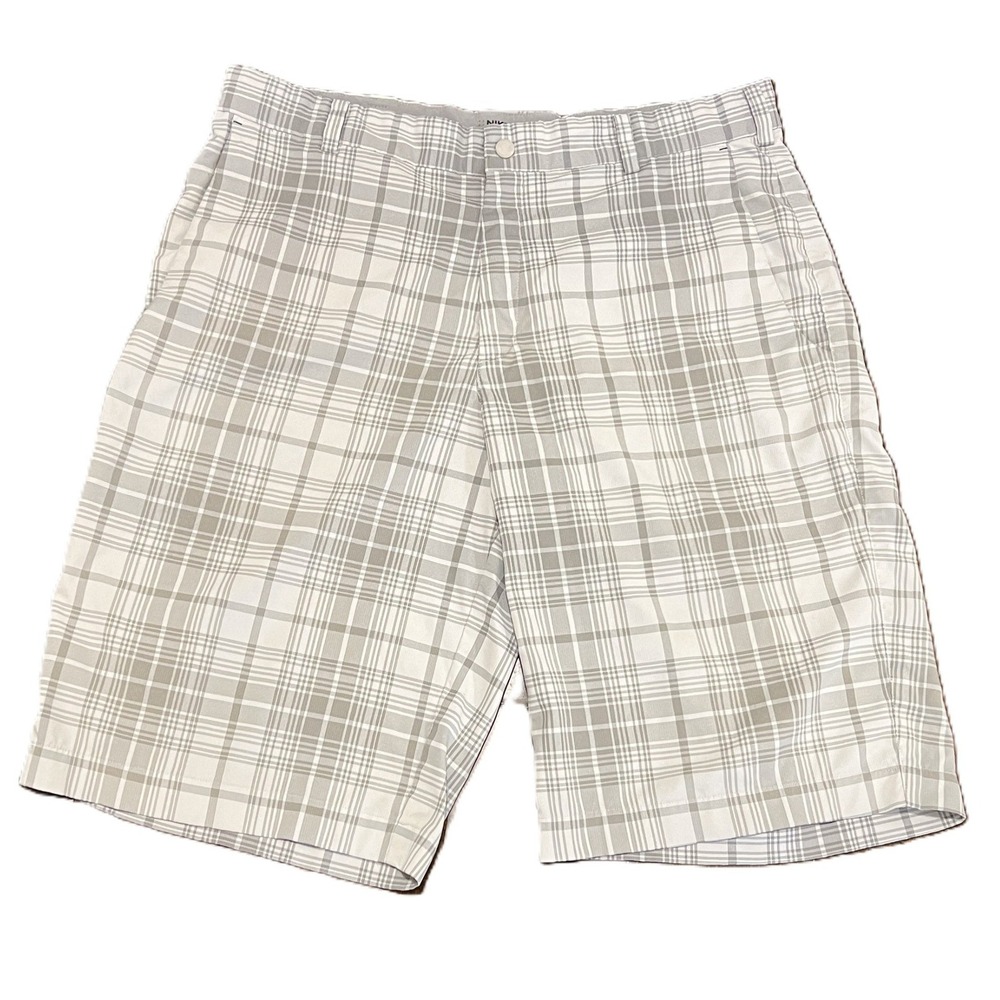 Nike Golf Tech Plaid Men's Dri-Fit Shorts Style 509182-100 Light Gray/White 34